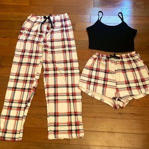 Plaid pants and shorts with black cropped top tank top.